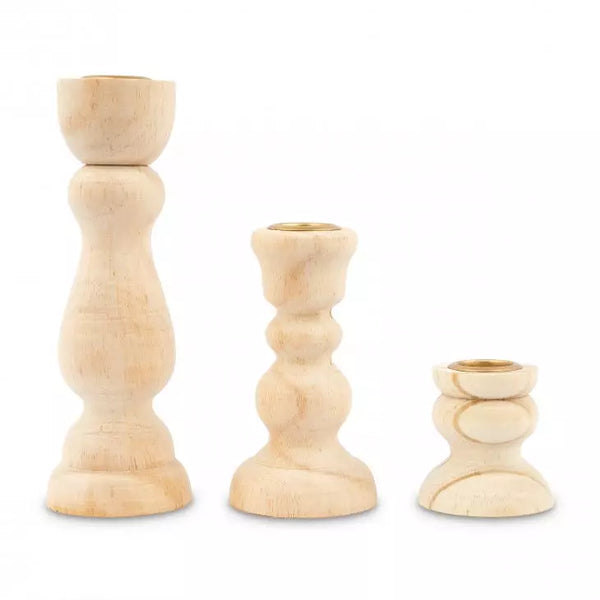 Contemporary Tiered Wood Spindle Taper Candle Holders - Natural - Set of 3