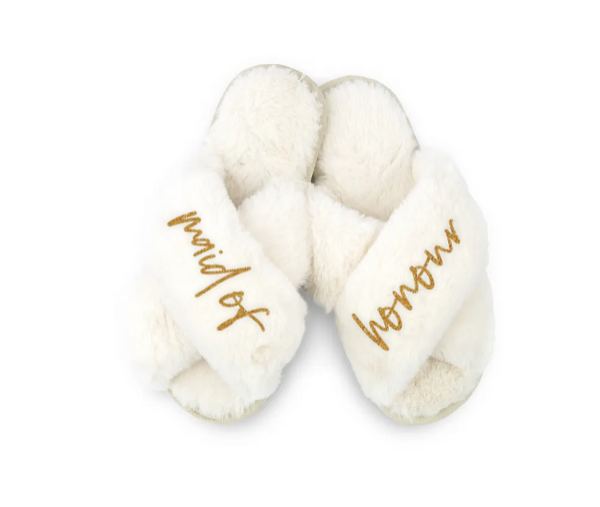 Custom Printed Plush Crossband Slide House Slippers - Maid of Honour