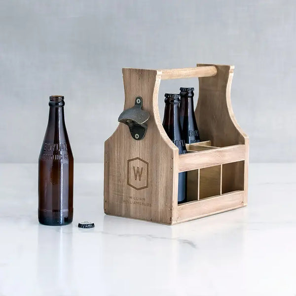 Personalized Wooden Beer Bottle Caddy With Opener - Geo Monogram