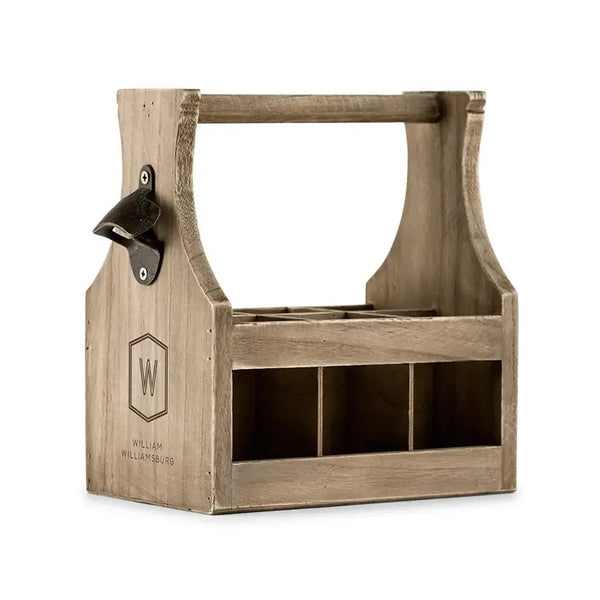 Personalized Wooden Beer Bottle Caddy With Opener - Geo Monogram