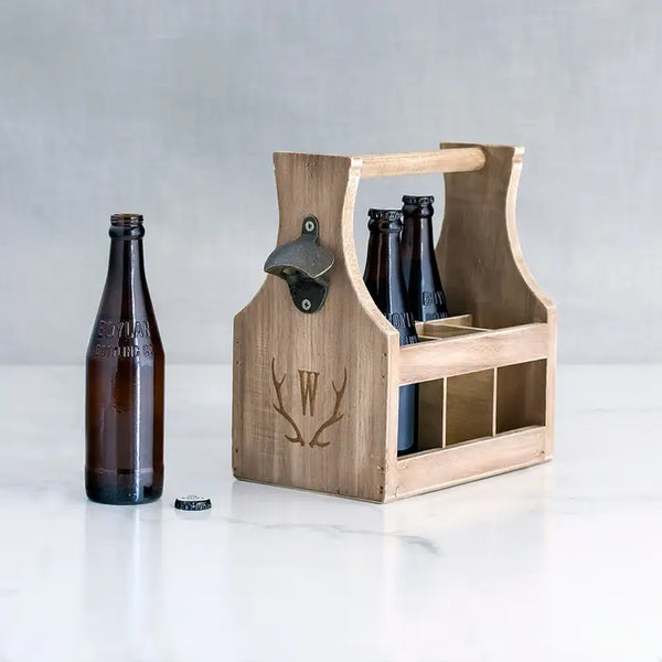 Personalized Wooden Beer Bottle Caddy With Opener - Antler Monogram