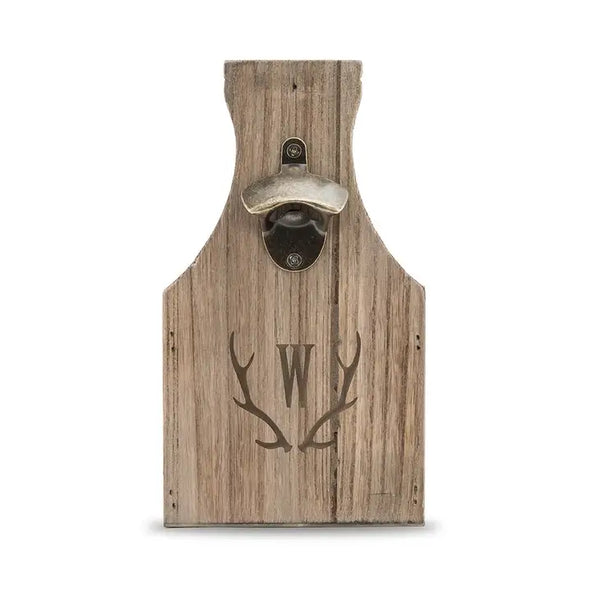 Personalized Wooden Beer Bottle Caddy With Opener - Antler Monogram