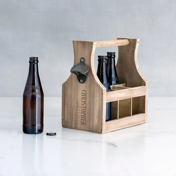 Personalized Wooden Beer Bottle Caddy With Opener - Vertical Etching