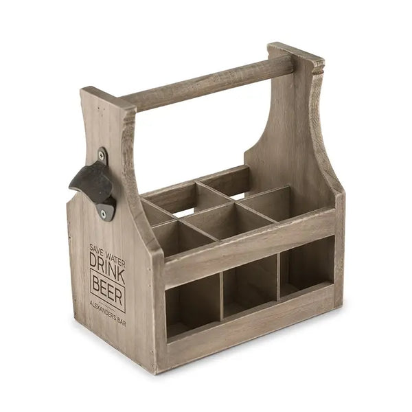 Wood Beer Bottle Caddy With Opener - Save Water Drink Beer