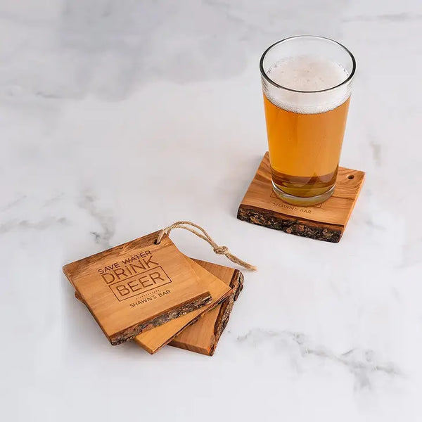 Rustic Olive Wood Coasters - Save Water Drink Beer