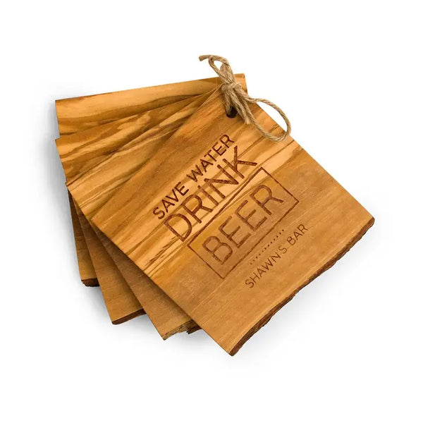 Rustic Olive Wood Coasters - Save Water Drink Beer