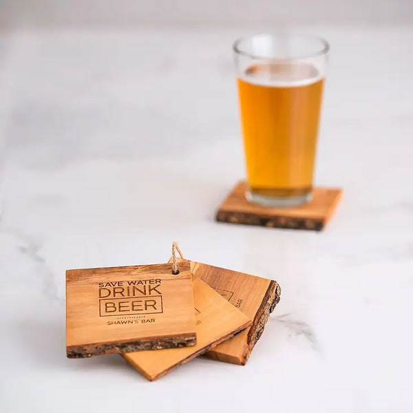 Rustic Olive Wood Coasters - Save Water Drink Beer