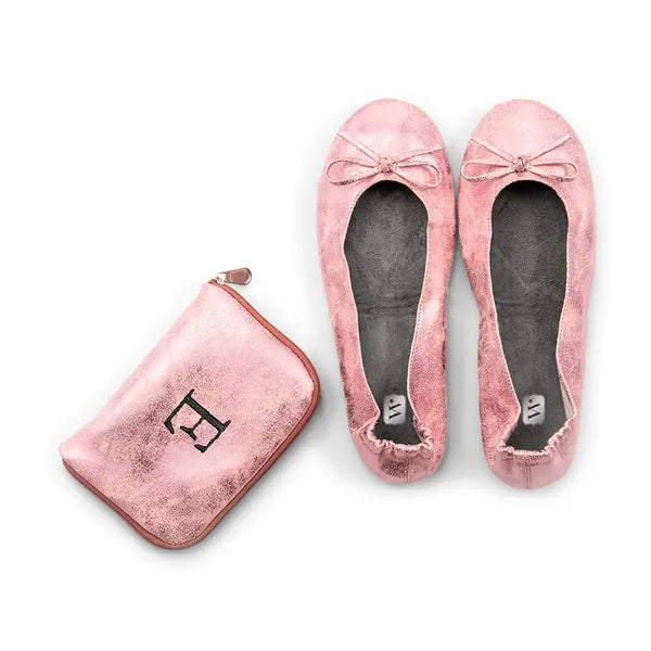 Personalized Foldable Ballet Flats with Purse Pouch - Metallic Pink