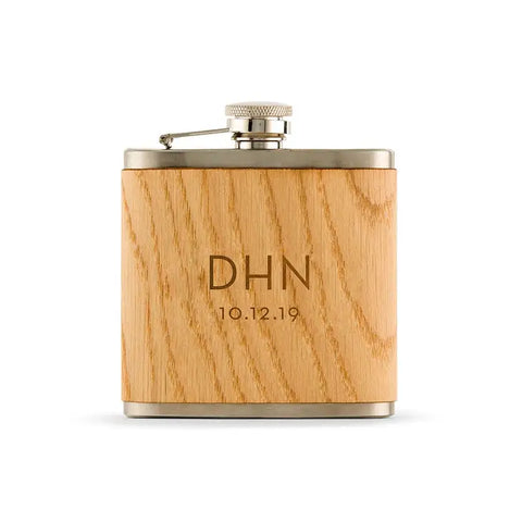 Personalized Oak Wood Wrapped Stainless Steel Hip Flask - Modern Monogram Print