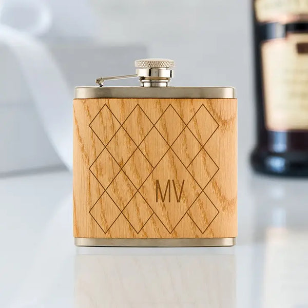 Personalized Oak Wood Wrapped Stainless Steel Hip Flask - Argyle Monogram Print