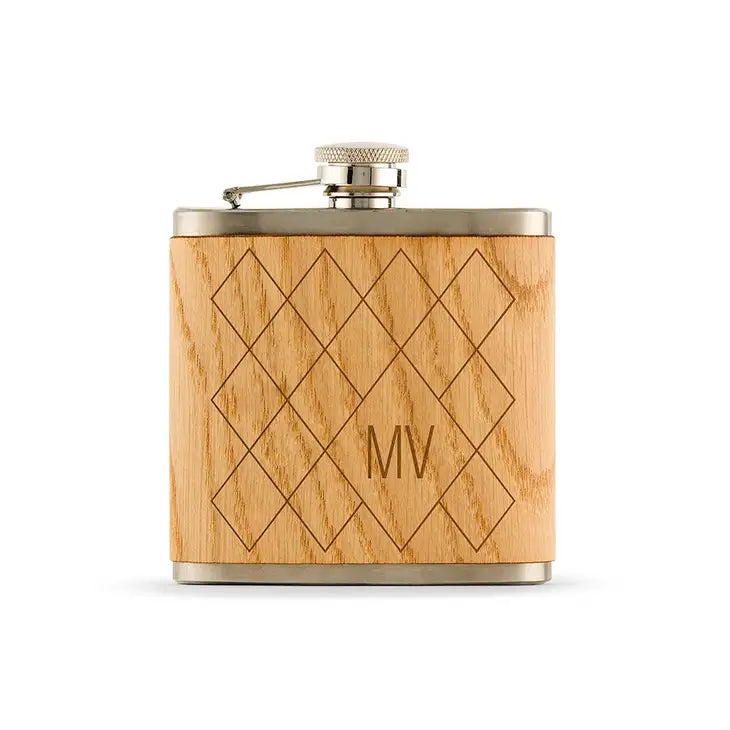 Personalized Oak Wood Wrapped Stainless Steel Hip Flask - Argyle Monogram Print