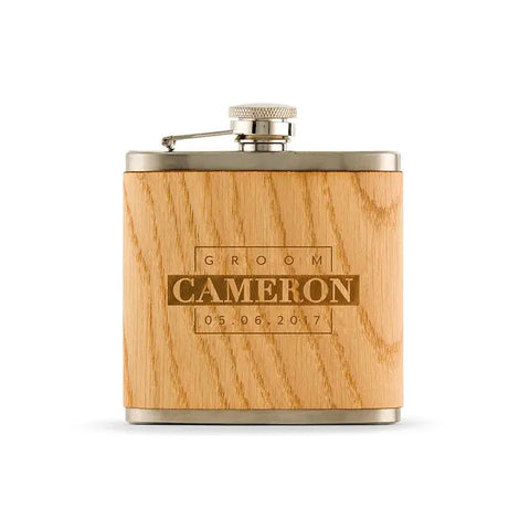 Personalized Oak Wood Wrapped Stainless Steel Hip Flask - Groom Monogram Print