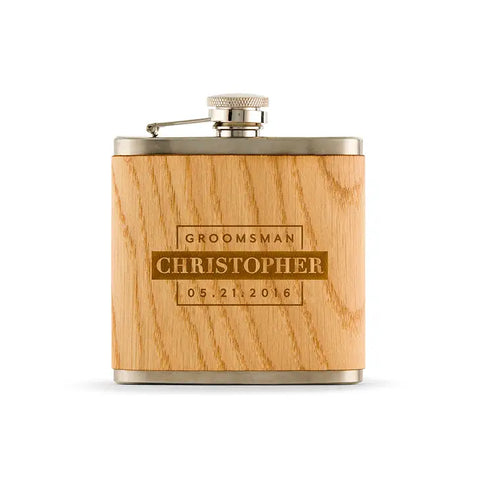 Personalized Oak Wood Wrapped Stainless Steel Hip Flask - Groomsman Monogram Print