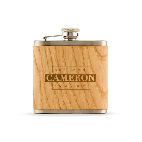 Personalized Oak Wood Wrapped Stainless Steel Hip Flask - Best Man Monogram Print