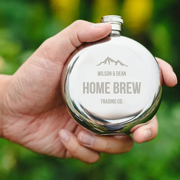 Personalized Silver Stainless Steel Round Hip Flask - Mountain Engraving