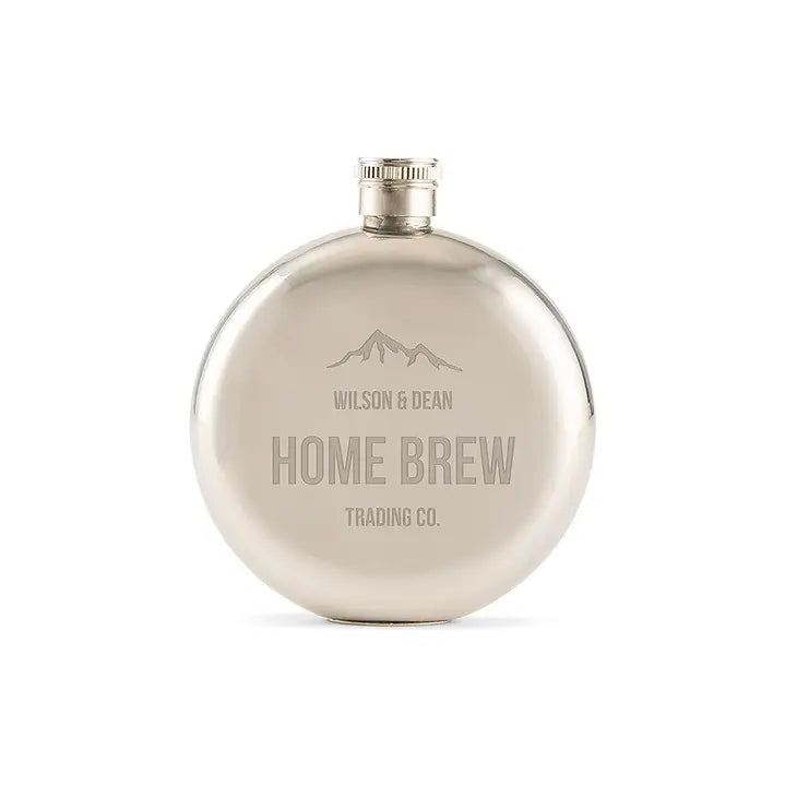 Personalized Silver Stainless Steel Round Hip Flask - Mountain Engraving