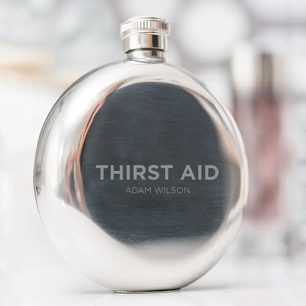 Personalized Silver Stainless Steel Round Hip Flask - Thirst Aid Engraving