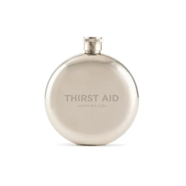 Personalized Silver Stainless Steel Round Hip Flask - Thirst Aid Engraving