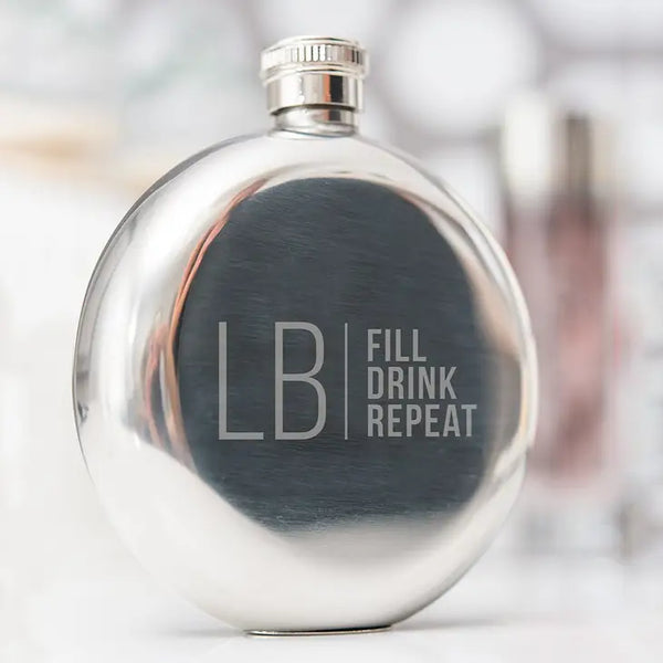 Personalized Silver Stainless Steel Round Hip Flask - Modern Monogram And Text Engraving