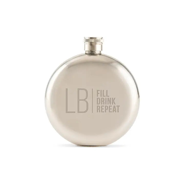 Personalized Silver Stainless Steel Round Hip Flask - Modern Monogram And Text Engraving