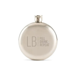 Personalized Silver Stainless Steel Round Hip Flask - Modern Monogram And Text Engraving