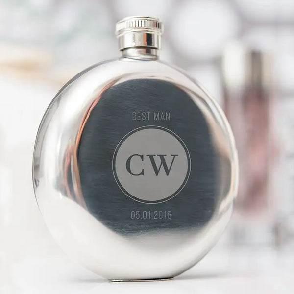 Personalized Silver Stainless Steel Round Hip Flask - Circle Monogram Engraving