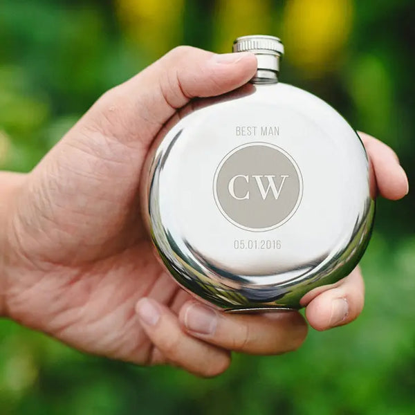 Personalized Silver Stainless Steel Round Hip Flask - Circle Monogram Engraving