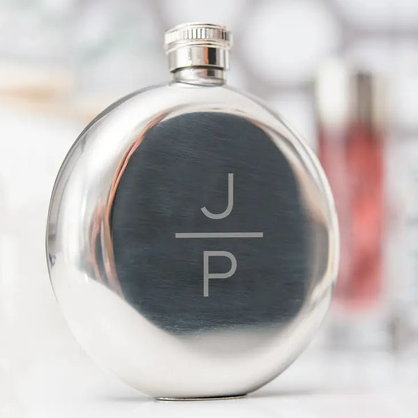 Personalized Silver Stainless Steel Round Hip Flask - Stacked Monogram Engraving