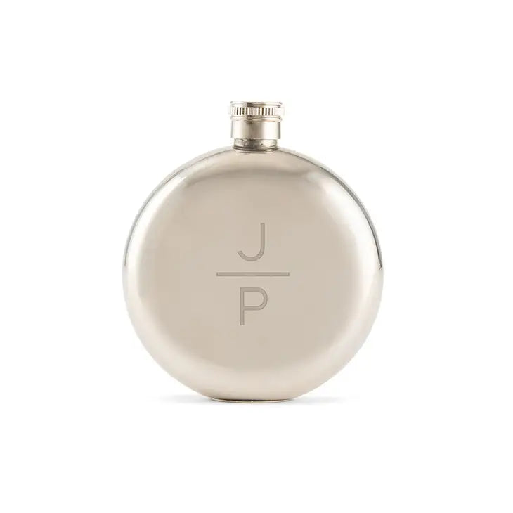 Personalized Silver Stainless Steel Round Hip Flask - Stacked Monogram Engraving