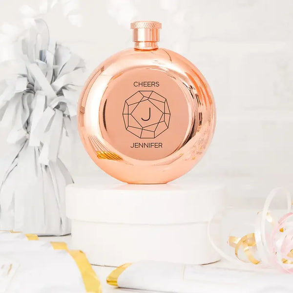 Personalized Rose Gold Stainless Steel Round Hip Flask-Gem Monogram Engraving