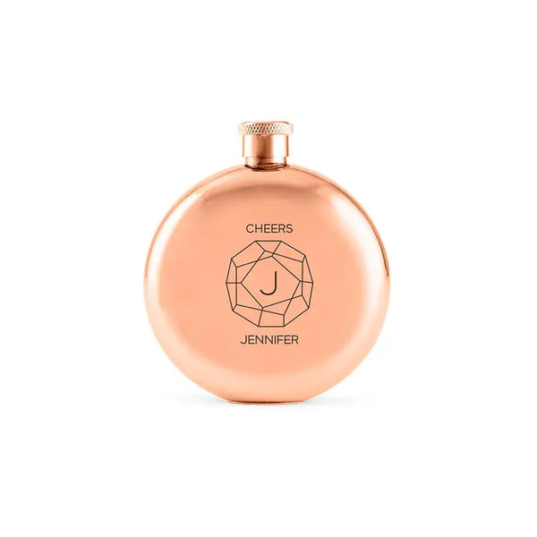 Personalized Rose Gold Stainless Steel Round Hip Flask-Gem Monogram Engraving