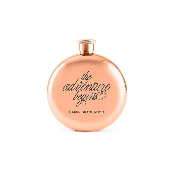 Personalized Round Rose Gold Stainless Steel Hip Flask - The Adventure Begins Engraving