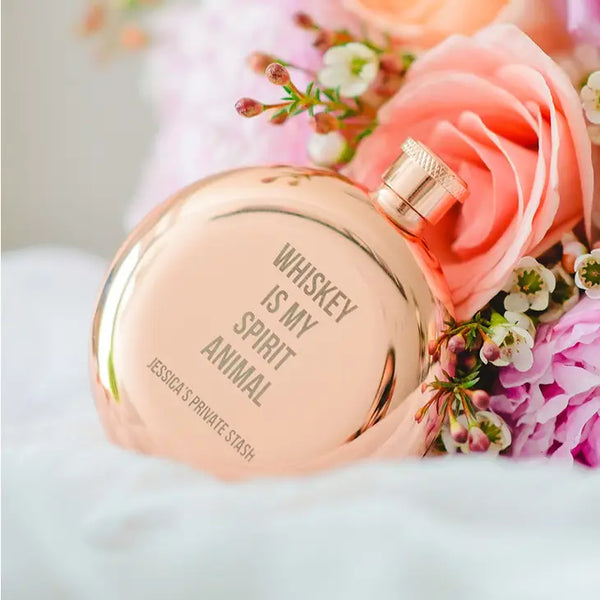 Personalized Rose Gold Stainless Steel Round Hip Flask- Spirit Animal Engraving