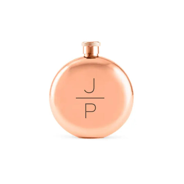 Personalized Rose Gold Stainless Steel Round Hip Flask - Stacked Monogram Engraving