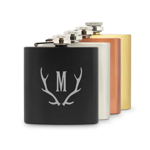 Personalized 6 oz. Stainless Steel Hip Flask - Antler Monogram