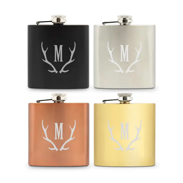 Personalized 6 oz. Stainless Steel Hip Flask - Antler Monogram