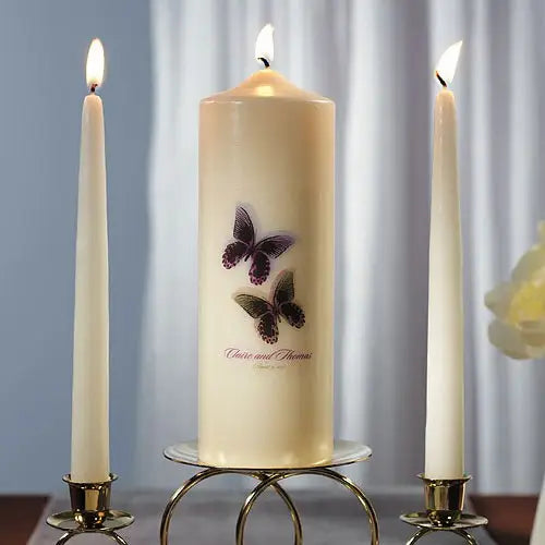 Personalized White or Ivory Wedding Unity Candle - Beautiful Butterflies