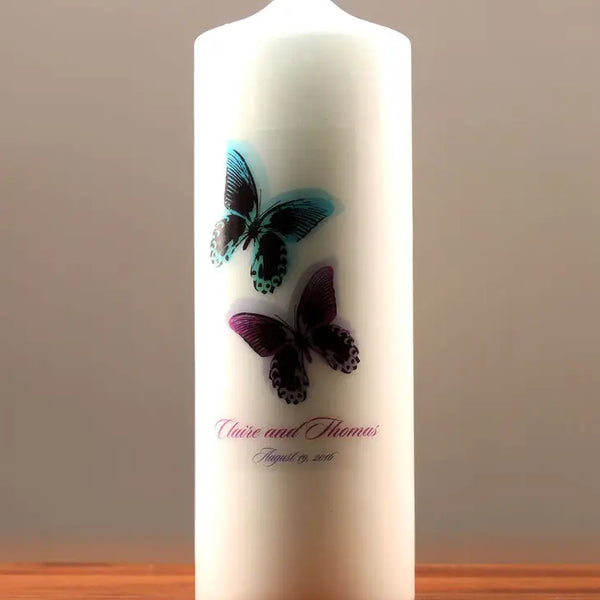 Personalized White or Ivory Wedding Unity Candle - Beautiful Butterflies