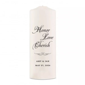 Personalized White or Ivory Wedding Unity Candle - Honor Love Cherish