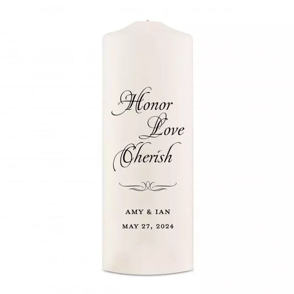 Personalized White or Ivory Wedding Unity Candle - Honor Love Cherish