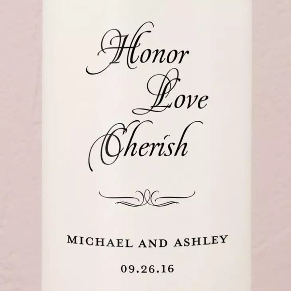 Personalized White or Ivory Wedding Unity Candle - Honor Love Cherish