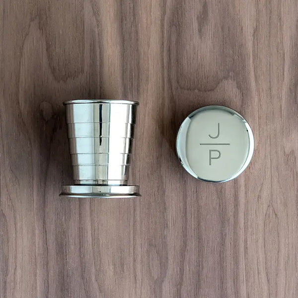 Personalized 2 Oz. Silver Stainless Steel Collapsible Shot Glass - Stacked Monogram