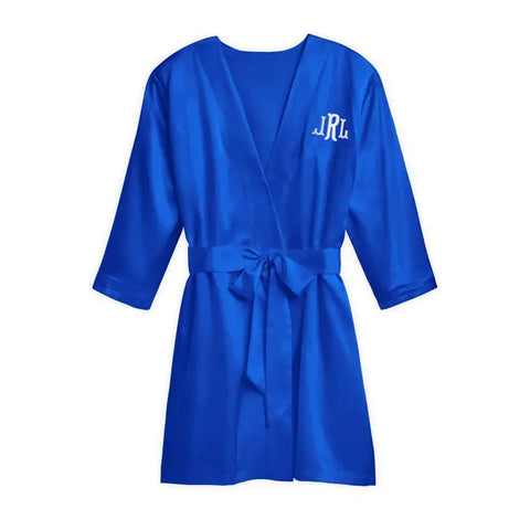 Women's Personalized Embroidered Satin Robe With Pockets - Royal Blue