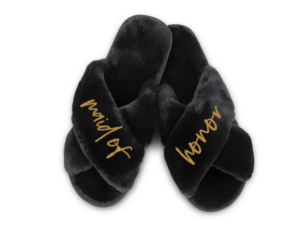 Custom Printed Plush Crossband Slide House Slippers - Maid of Honor