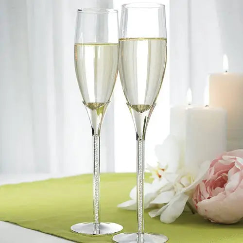 Wedding Champagne Glasses With Glass Gems In Stem