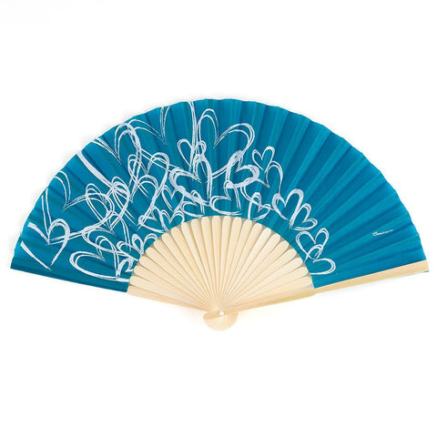 Bamboo Contemporary Hearts Folding Hand Fan - Oasis Blue - Set of 6