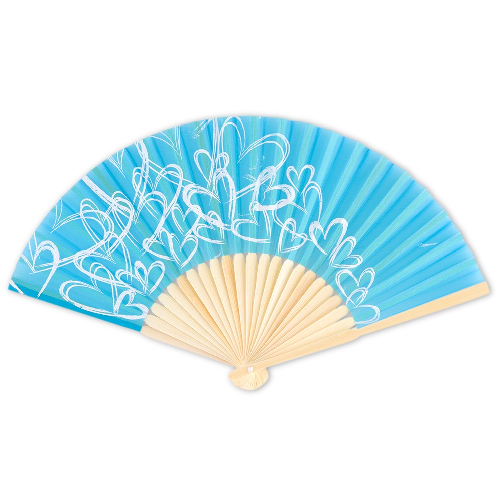 Bamboo Contemporary Hearts Folding Hand Fan - Aqua Blue - Set of 6