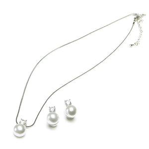 Silver Necklace And Earring Set - Round Pearl And Crystal Pendant