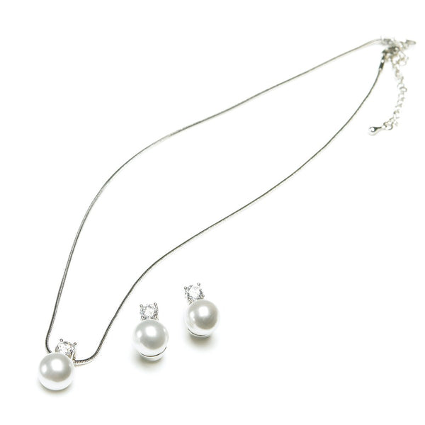 Silver Necklace And Earring Set - Round Pearl And Crystal Pendant