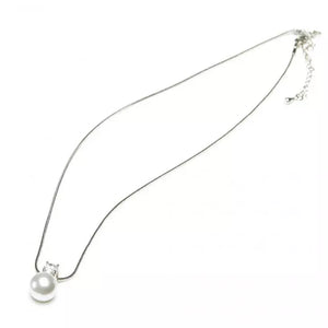 Silver Necklace And Earring Set - Round Pearl And Crystal Pendant